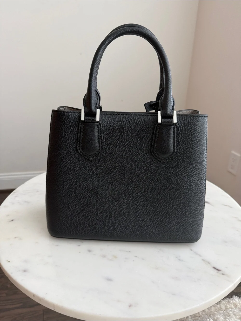 Michael Kors Adele Small Black Pebbled Leather Satchel with Lock Charm